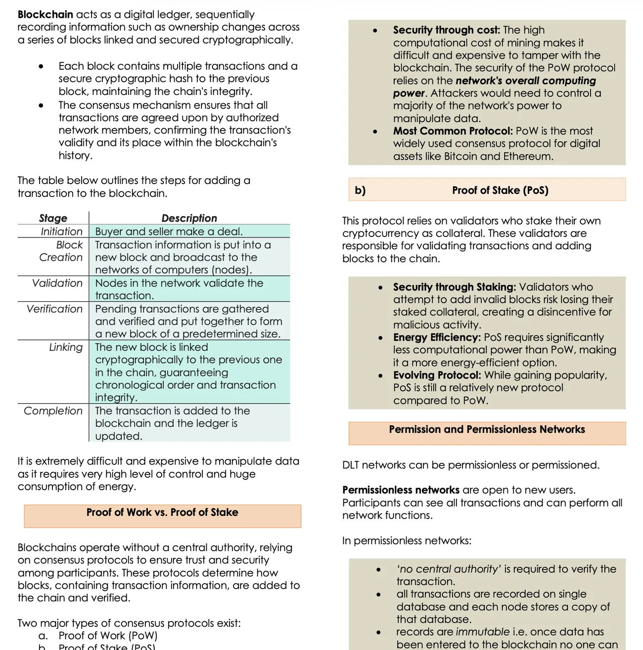 Sample page from CFA Level I Stanley Notes showing blockchain and consensus protocols, with color-coded boxes, tables and bolded key terms